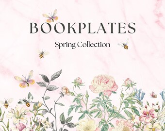 May include: A floral design with the text "BOOKPLATES Spring Collection." The image features watercolor illustrations of pink and yellow flowers, green leaves, butterflies, and bees against a pink marble background.