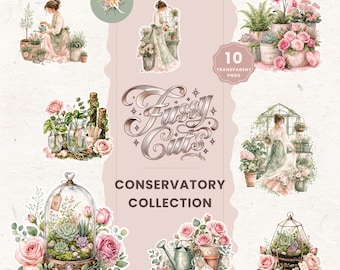 May include: A digital collection of 10 transparent PNG illustrations featuring watercolor-style botanical scenes, gardening figures, potted flowers, succulents in glass terrariums, and gardening tools with the text Fussy Cuts Conservatory Collection.