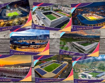 Set completo di 12 cartoline stadi Campionato europeo femminile Svizzera 2025 stadio di calcio stadio di calcio Stade Stadion