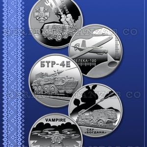 May include: A collection of silver coins with military vehicle and aircraft designs. Each coin features detailed illustrations of tanks, planes, and missile systems. The coins are set against a blue background with Ukrainian text.