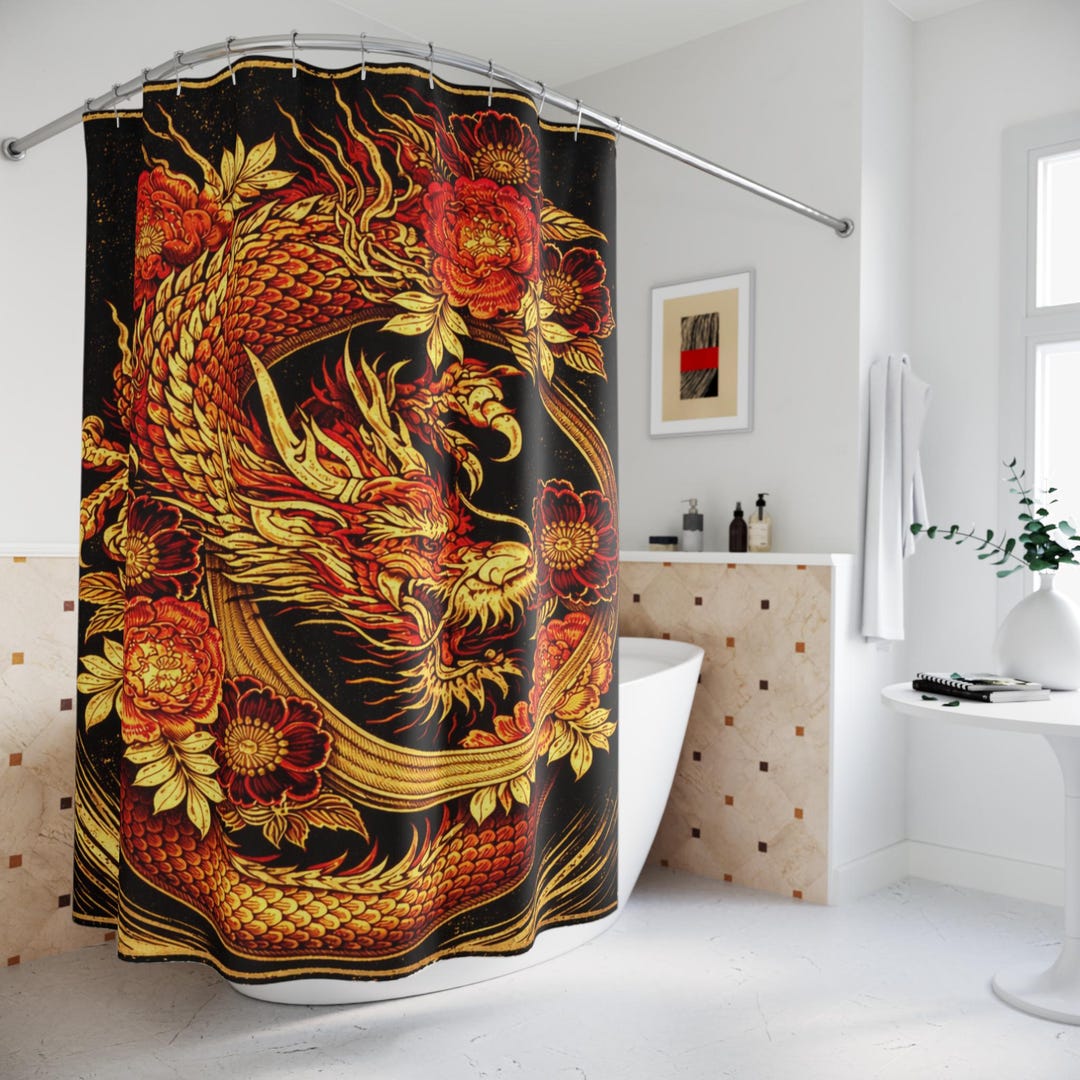 Mythic Design Red Gold Dragon Floral Shower Curtain | Oriental Mythic Design - Etsy