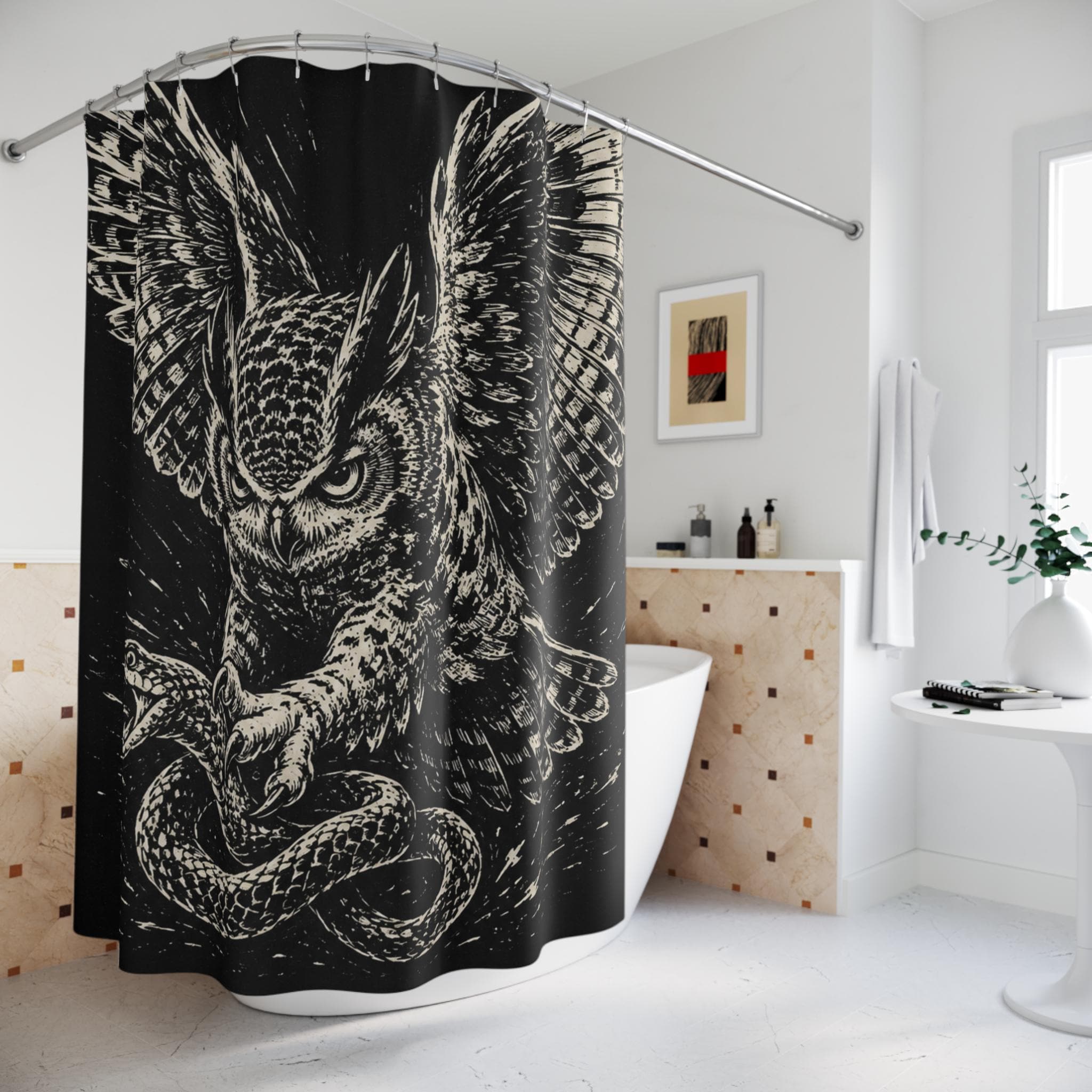Owl and Snake Illustration Shower Curtain | Gothic Wildlife Bathroom