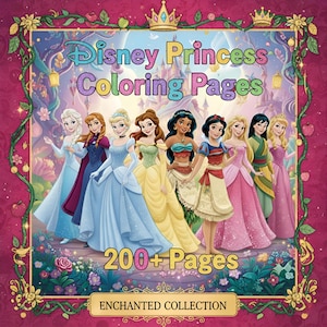 May include: A Disney Princess coloring book cover featuring eight princesses in colorful gowns. The title reads "Disney Princess Coloring Pages" above the princesses, with "200+ Pages" below. The words "Enchanted Collection" are at the bottom.