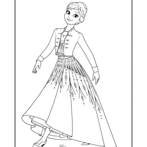 K&ouml;nnte beinhalten: Schwarz-Wei&szlig;-Illustration einer Figur in einem langen Kleid und einer Jacke. Das Kleid hat ein detailliertes Muster, und die Figur l&auml;chelt. Das Bild ist mit einem schwarzen Rahmen versehen.