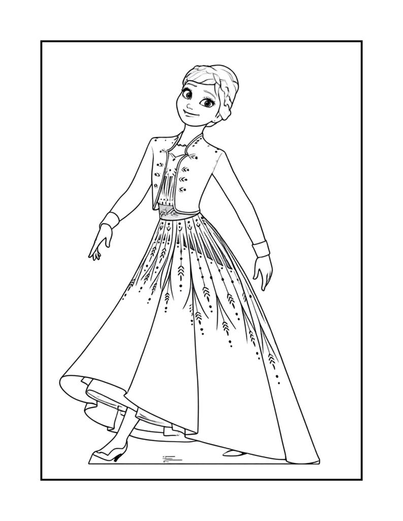 K&ouml;nnte beinhalten: Schwarz-Wei&szlig;-Illustration einer Figur in einem langen Kleid und einer Jacke. Das Kleid hat ein detailliertes Muster, und die Figur l&auml;chelt. Das Bild ist mit einem schwarzen Rahmen versehen.