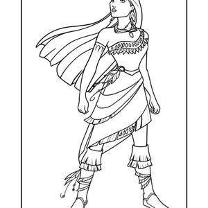 K&ouml;nnte beinhalten: Schwarz-Wei&szlig;-Linienkunst-Illustration einer Frau in einem Outfit im indianischen Stil. Sie tr&auml;gt ein Oberteil, einen Rock und Stiefel mit Fransen, mit langem, flie&szlig;endem Haar und einem Umhang. Die Frau blickt mit entschlossenem Ausdruck nach oben.