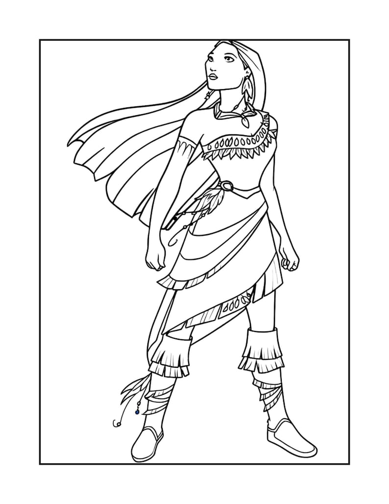 K&ouml;nnte beinhalten: Schwarz-Wei&szlig;-Linienkunst-Illustration einer Frau in einem Outfit im indianischen Stil. Sie tr&auml;gt ein Oberteil, einen Rock und Stiefel mit Fransen, mit langem, flie&szlig;endem Haar und einem Umhang. Die Frau blickt mit entschlossenem Ausdruck nach oben.