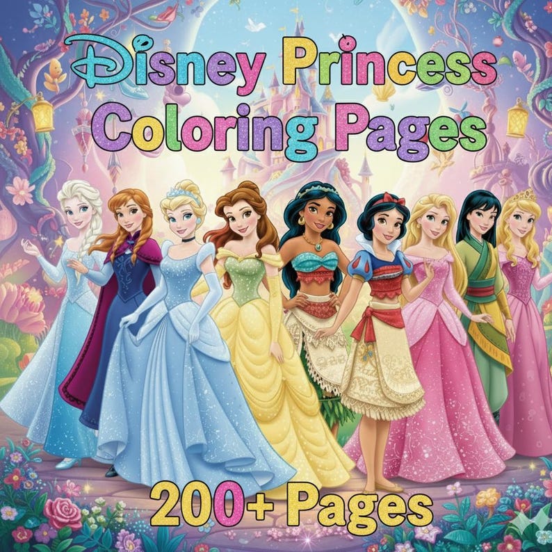 K&ouml;nnte beinhalten: Ein farbenfrohes Buchcover mit dem Text "Disney Princess Coloring Pages" und Illustrationen von Disney-Prinzessinnen. Das Cover enth&auml;lt auch den Text "200+ Pages". Der Hintergrund zeigt ein Schloss und florale Elemente.