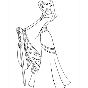 K&ouml;nnte beinhalten: Schwarz-Wei&szlig;-Illustration einer Frau in einem flie&szlig;enden Kleid, die ein Schwert h&auml;lt. Die Frau hat lange Haare und tr&auml;gt einen dekorativen Kopfschmuck. Das Kleid hat dekorative Wolkenmuster.