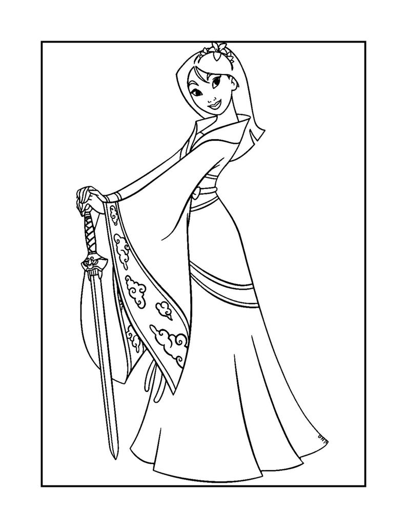 K&ouml;nnte beinhalten: Schwarz-Wei&szlig;-Illustration einer Frau in einem flie&szlig;enden Kleid, die ein Schwert h&auml;lt. Die Frau hat lange Haare und tr&auml;gt einen dekorativen Kopfschmuck. Das Kleid hat dekorative Wolkenmuster.