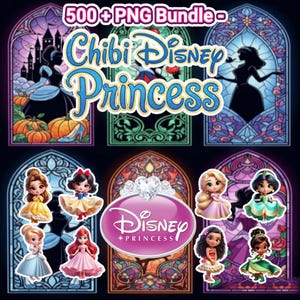 May include: A digital bundle featuring chibi Disney Princesses in stained glass window designs. The image includes the text "500+ PNG Bundle" and "Chibi Disney Princess". The princesses are in various poses and outfits.