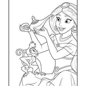 K&ouml;nnte beinhalten: Schwarz-Wei&szlig;-Illustration einer Prinzessin, die eine Wunderlampe h&auml;lt, mit einem Affen, der zusieht. Die Prinzessin hat lange Haare, ein Diadem und gro&szlig;e Creolen. Der Affe sitzt auf einem Felsen.