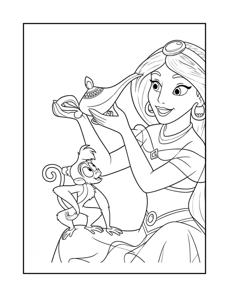 K&ouml;nnte beinhalten: Schwarz-Wei&szlig;-Illustration einer Prinzessin, die eine Wunderlampe h&auml;lt, mit einem Affen, der zusieht. Die Prinzessin hat lange Haare, ein Diadem und gro&szlig;e Creolen. Der Affe sitzt auf einem Felsen.