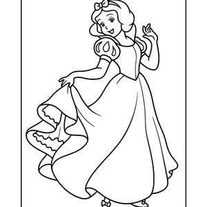 K&ouml;nnte beinhalten: Schwarz-Wei&szlig;-Linienzeichnung einer Prinzessin in einem langen Kleid. Die Prinzessin l&auml;chelt und winkt, mit einer Schleife im Haar. Das Bild ist eine Malvorlage.