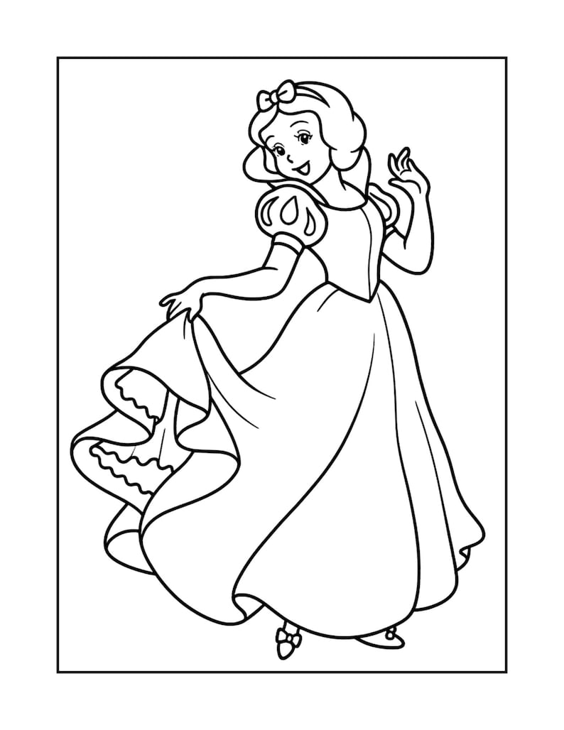 K&ouml;nnte beinhalten: Schwarz-Wei&szlig;-Linienzeichnung einer Prinzessin in einem langen Kleid. Die Prinzessin l&auml;chelt und winkt, mit einer Schleife im Haar. Das Bild ist eine Malvorlage.