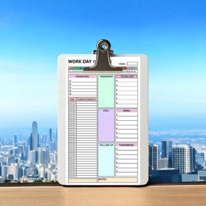 May include: A white clipboard with a printed daily planner. The planner includes sections for priorities, reminders, to-do lists, and a schedule. The clipboard has a silver metal clip at the top and is set against a cityscape background.