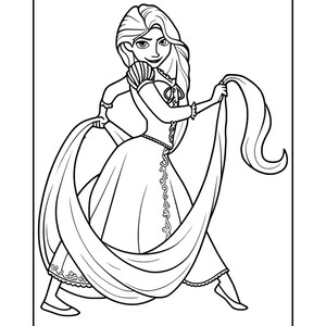 K&ouml;nnte beinhalten: Schwarz-Wei&szlig;-Illustration einer Prinzessin in einem langen Kleid, die ihr langes Haar h&auml;lt. Die Prinzessin l&auml;chelt und hat langes, flie&szlig;endes Haar. Das Bild ist eine Malvorlage.