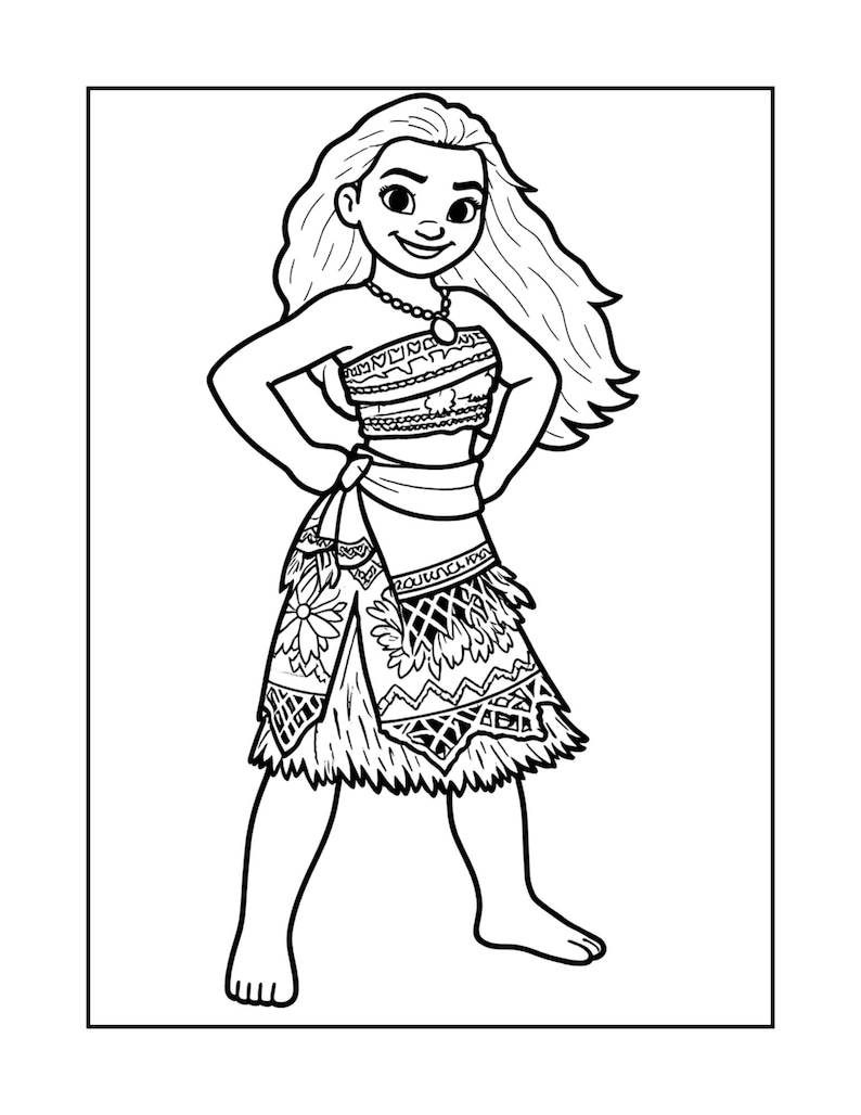 K&ouml;nnte beinhalten: Schwarz-Wei&szlig;-Illustration einer jungen Frau mit langen, welligen Haaren, die ein tr&auml;gerloses Oberteil, einen Rock und eine Halskette tr&auml;gt. Der Rock hat einen Fransenbesatz und ein dekoratives Muster. Die Frau steht mit den H&auml;nden in den H&uuml;ften.