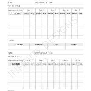 Puede incluir: Un registro de entrenamiento blanco con las palabras "WORKOUT LOG" en la parte superior. El registro incluye secciones para la fecha, el grupo muscular, el entrenamiento de resistencia, el cardio y el tiempo de entrenamiento. Tiene espacios para registrar ejercicio, peso, repeticiones, duración, velocidad y distancia.