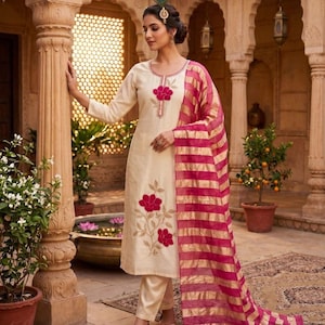 Puede incluir: Una túnica de manga larga color crema y pantalones a juego con motivos florales rosas bordados en el pecho y en la parte inferior. Una dupatta transparente a rayas rosas y doradas está colocada sobre un hombro.