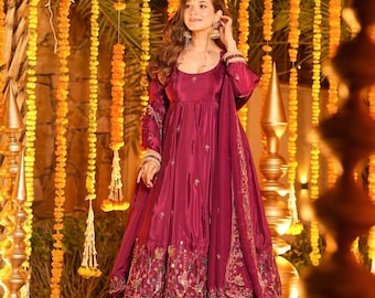 Heavy Crepe Silk Anarkali Set with Palazzo & Dupatta, Full Sleeves, Fully Stitched with Cups Side Zipper, Party Wear Dress