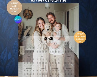 2026 Photo Calendar Template, Personalized and Editable Yearly Calendar, Wall or Desk Calendar, A3, A4, US letter size, with positive quote