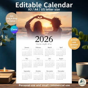 以下が含まれることがあります： 夕焼けの写真と「Every day is brighter with you」のテキストが入った、白い2026年カレンダー。1月から12月までの月が含まれています。A3、A4、USレターサイズで利用可能。「Editable Calendar」の文字が上部にあります。