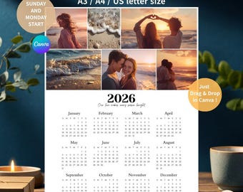 2026 Photo Calendar Template, Personalized and Editable Yearly Calendar, Wall or Desk Calendar, A3, A4, US letter size, with positive quote