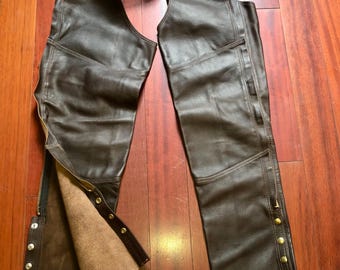 Bench hand made unisex motorcycle biker heavy duty brown buffalo leather chaps Large
