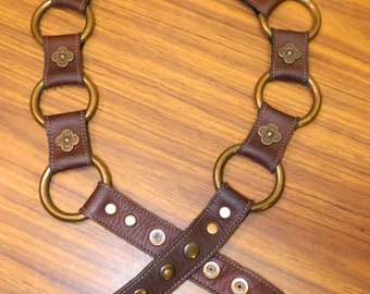 Custom made stitched Concho & Solid Brass Rings one of a kind women's leather belt size 33-36"