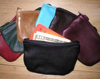 LEATHER zip zippered coin change pouch purse wallet handmade You Choose Color