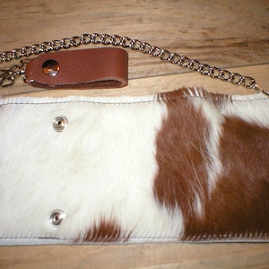 Handmade Leather hair-on hairy cowhide trifold snap trucker biker Wallet w/ belt chain image 3