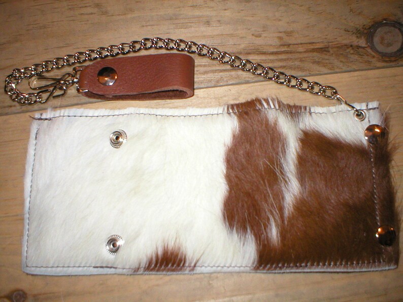 Handmade Leather hair-on hairy cowhide trifold snap trucker biker Wallet w/ belt chain image 3