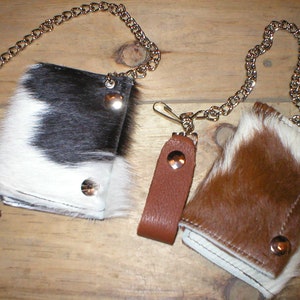 Cartera de cuero hecha a mano con pelo de piel de vaca peluda trifold snap trucker biker Wallet con cadena de cinturón