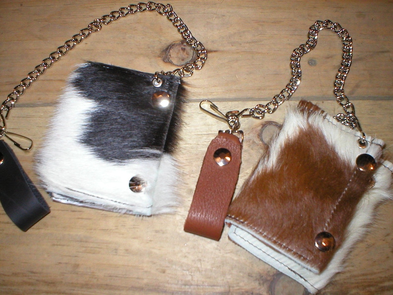 Handmade Leather hair-on hairy cowhide trifold snap trucker biker Wallet w/ belt chain image 1