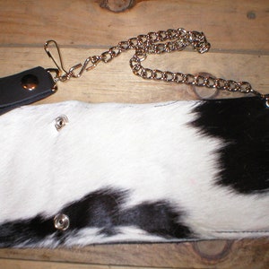 Handmade Leather hair-on hairy cowhide trifold snap trucker biker Wallet w/ belt chain image 5