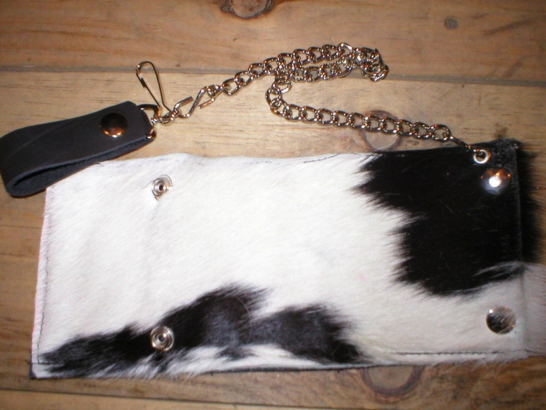 Handmade Leather hair-on hairy cowhide trifold snap trucker biker Wallet w/ belt chain image 5