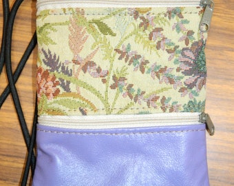 Made USA Small Travel Passport Genuine Lilac Purple LEATHER Bag Wallet Purse & Vtg Embroidery Fabric