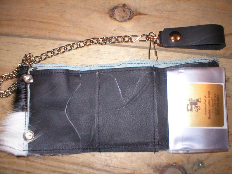 Handmade Leather hair-on hairy cowhide trifold snap trucker biker Wallet w/ belt chain image 4