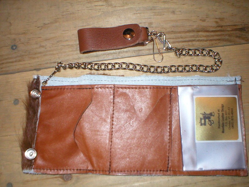 Handmade Leather hair-on hairy cowhide trifold snap trucker biker Wallet w/ belt chain image 2