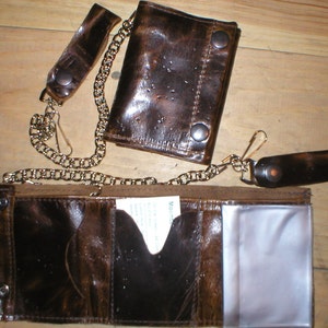 Hecho a mano USA cuero trifold Snap Flap cartera con correa cadena negro... etcetera