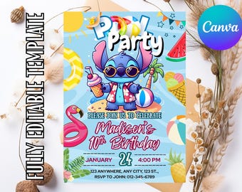 Stitch Editable Birthday Invitation Template, Stitch Pool Printable Birthday Invitation, Digital Kids Party Invite, Digital Bday Card Invite