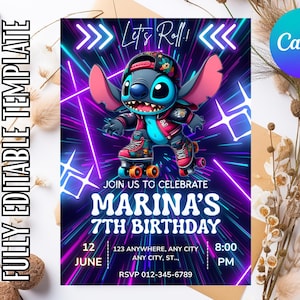 以下が含まれることがあります： ネオンの紫と青の背景に、ローラースケートに乗った漫画のキャラクターが描かれた鮮やかな招待状テンプレート。「Let's Roll!」と「Join us to celebrate Marina's 7th Birthday」の文字が表示されています。Canvaのロゴは右上にあります。