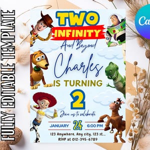 May include: A light blue invitation template featuring characters from the movie "Toy Story". The text reads "Two Infinity and Beyond" and "Charles is turning 2". Includes event details and the Canva logo.