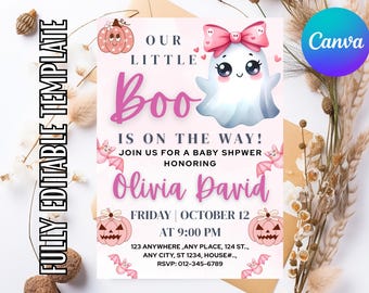 Editable A Little Boo Baby Shower Invitation Bundle, Girl Halloween Baby Shower Invite, Ghost Halloween Baby Shower Invite | Canva Template