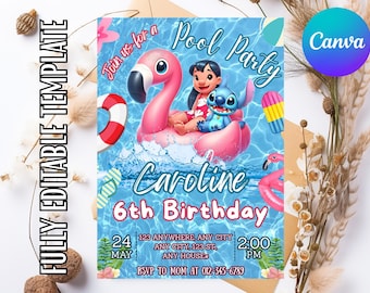 Editable Pool Party Stitch Girl Invitation, Pool Party Invitation, Stitch Pool Party Theme Girl Invite, Pool Birthday Party, Digital File