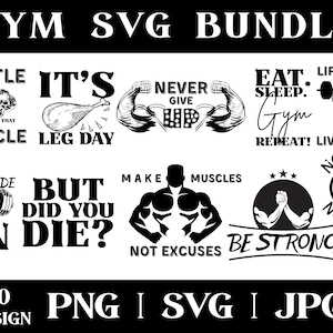 10 Gym Svg Bundle | Workout Svg Quotes | Fitness Svg | Funny Gym Sayings | Hustle for Muscle Svg | Leg Day Svg | Cricut Fitness File PNG JPG
