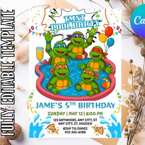 May include: A colorful invitation for a TMNT pool party. The design features the Teenage Mutant Ninja Turtles in a pool, with text that reads "Jame's 5th Birthday". The invitation includes the date, time, and RSVP information.