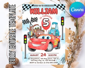 Aquarell Autos Lightning McQueen, Mater Geburtstagseinladung, Renneinladung, Luftballons-Einladung, Canva-Vorlage
