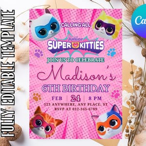 Girl Super Kitties Birthday Invitation Template Super Kitties Invitation Digital Cat Girl Invite Template Kitty Cat Party Invite